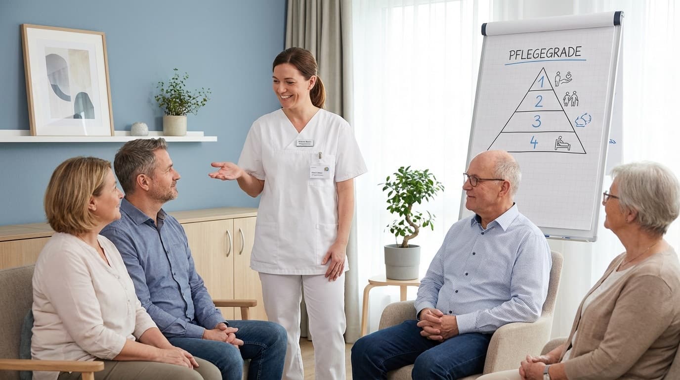 Pflegekraft erklärt Pflegegrad-Leistungen an einem Flipchart in einer Beratungssituation