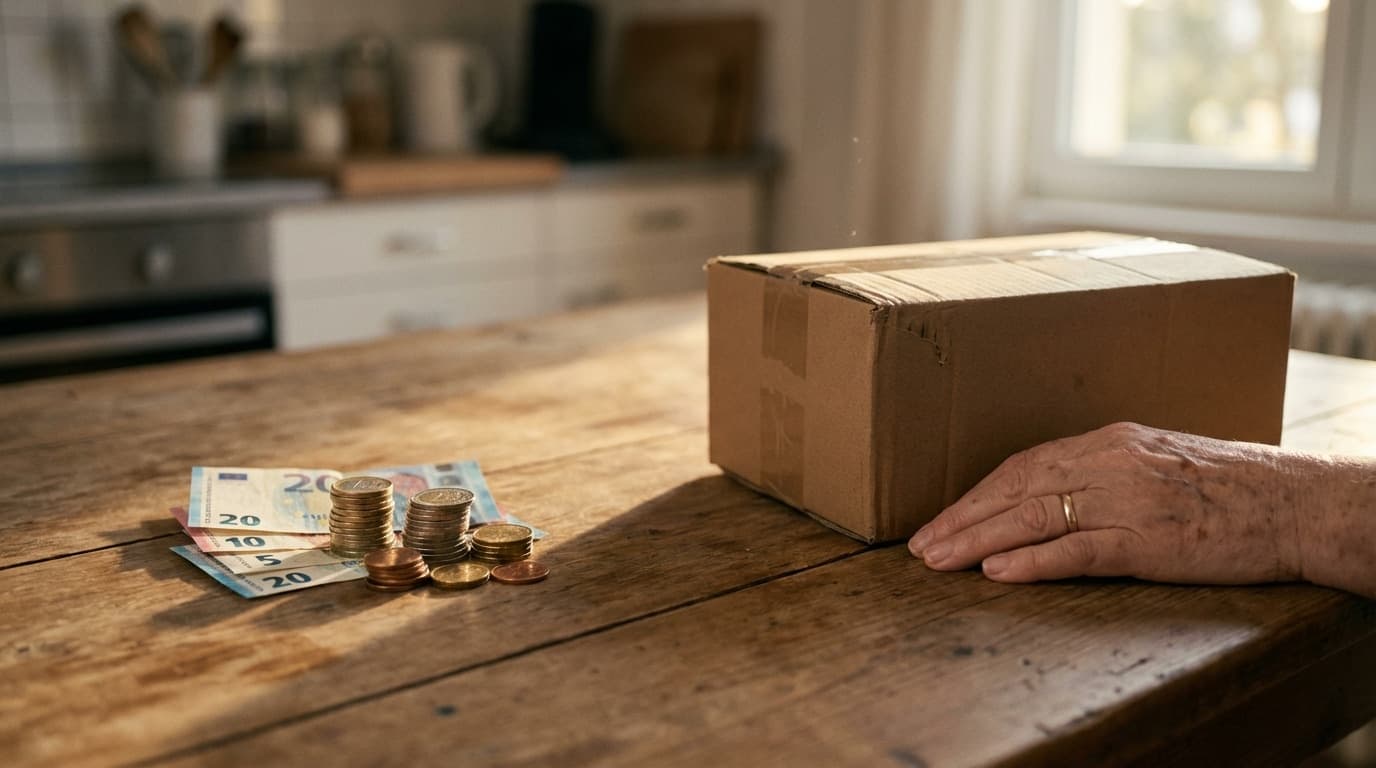 Geldmünzen und eine Pflegebox auf einem Küchentisch \u2014 nebeneinander, aber nicht austauschbar