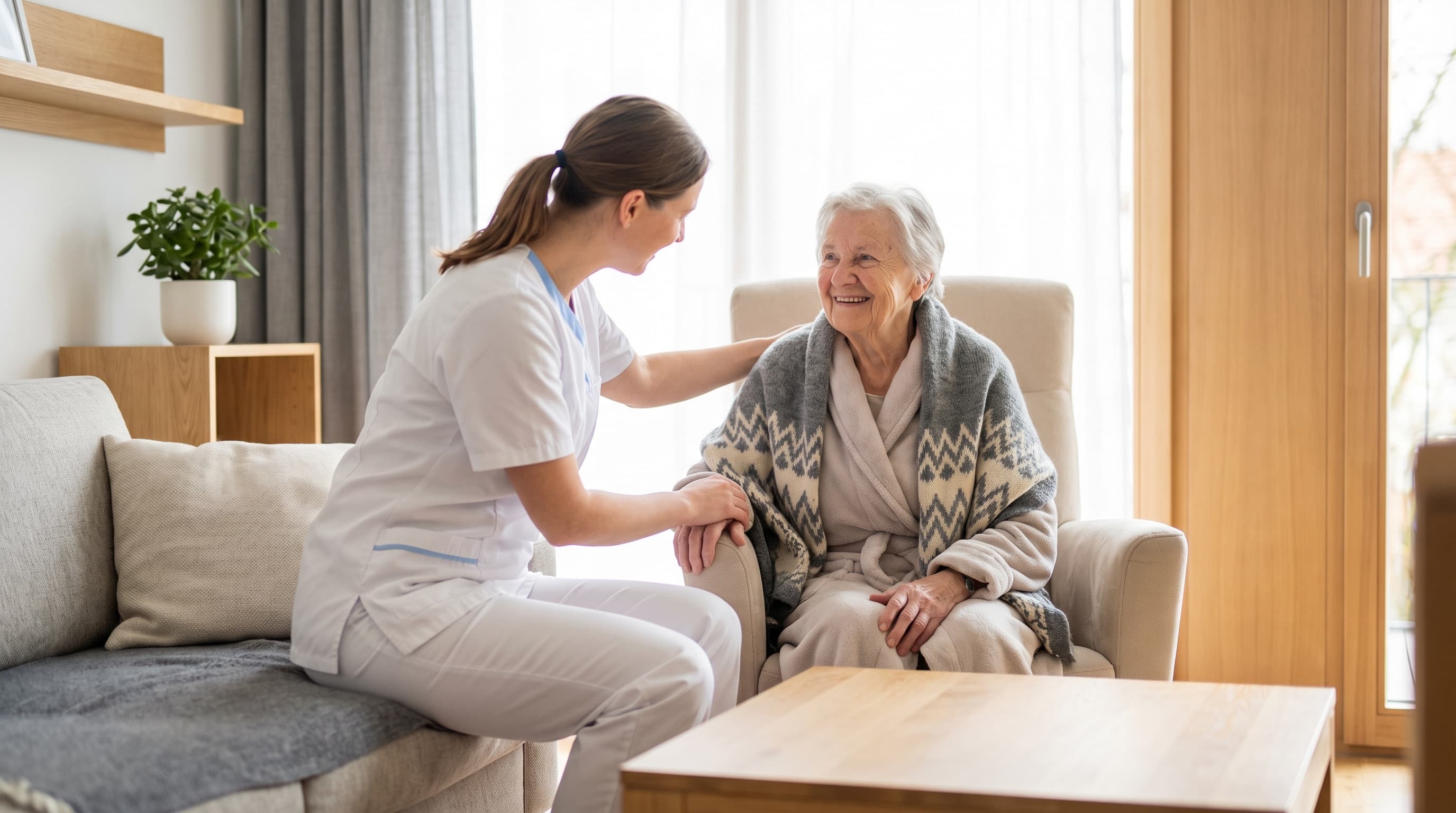 Pflegesachleistungen 2026 — Pflegekraft unterstützt eine Seniorin bei der häuslichen Pflege