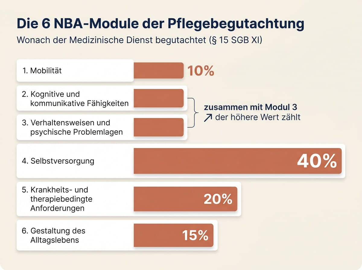 Infografik der 6 NBA-Module mit Gewichtung: Selbstversorgung 40 Prozent, Mobilität 10 Prozent, Module 2 und 3 mit dem höheren Wert