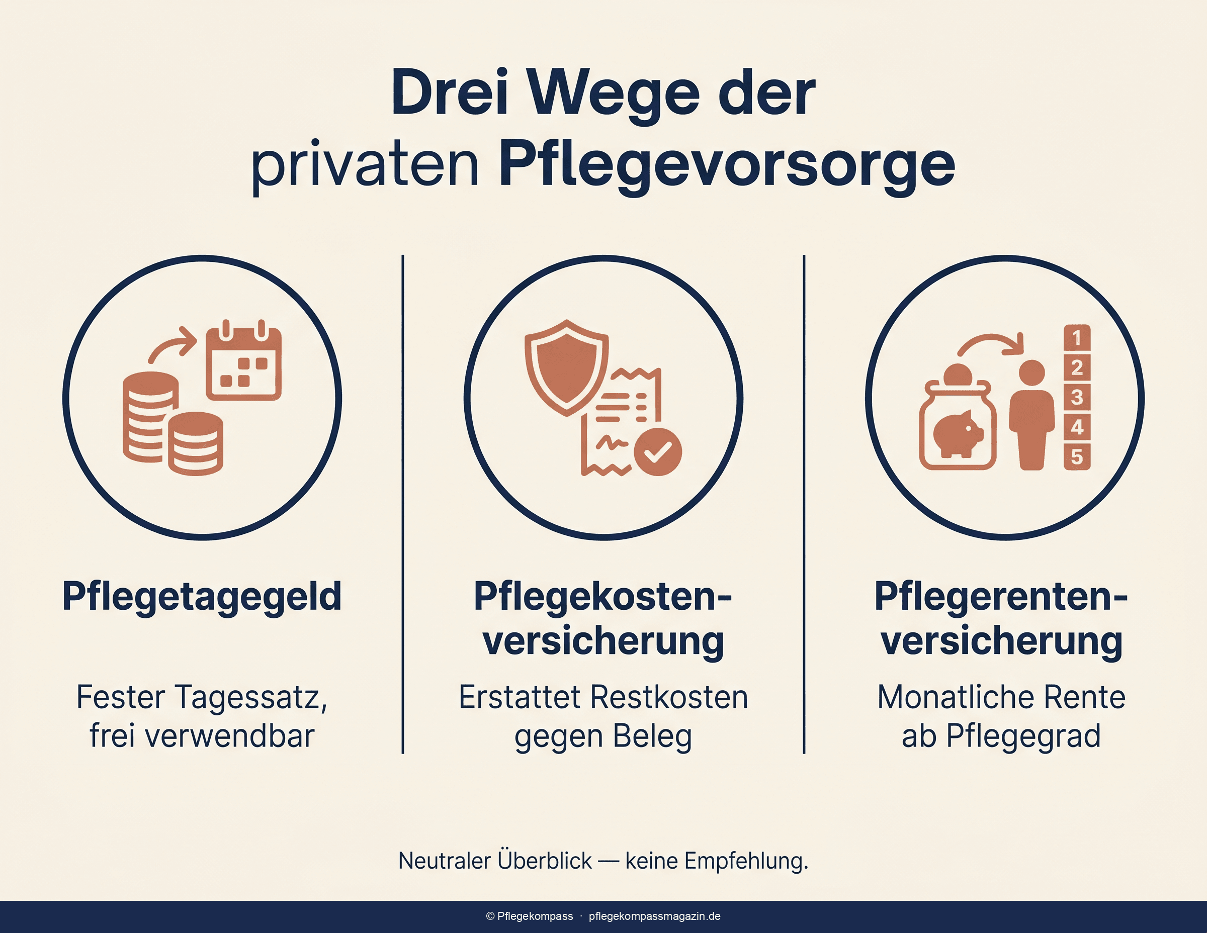 Infografik: Auszahlungslogik von Pflegetagegeld, Pflegekostenversicherung und Pflegerente im Vergleich