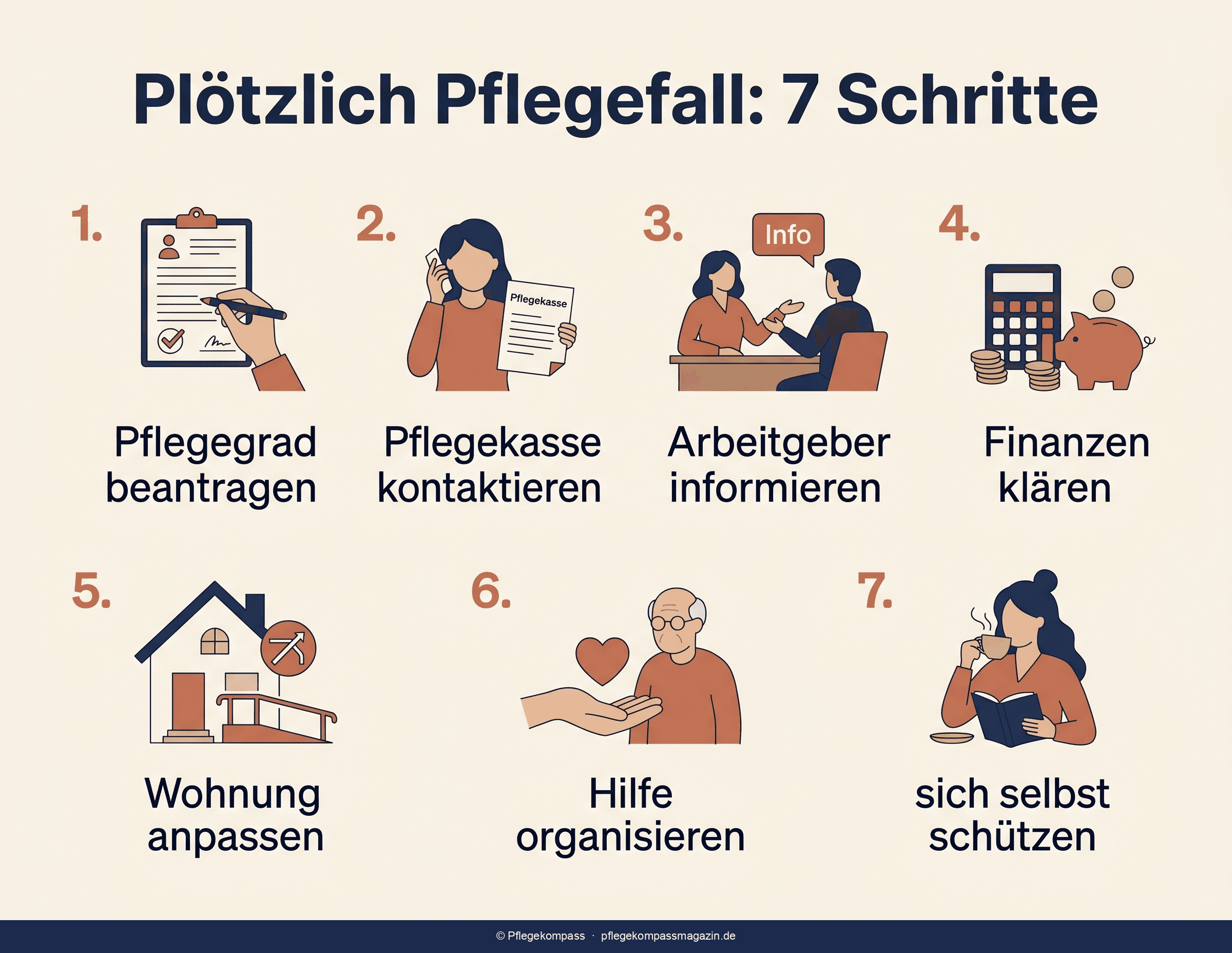 Infografik der sieben ersten Schritte für Angehörige im plötzlichen Pflegefall