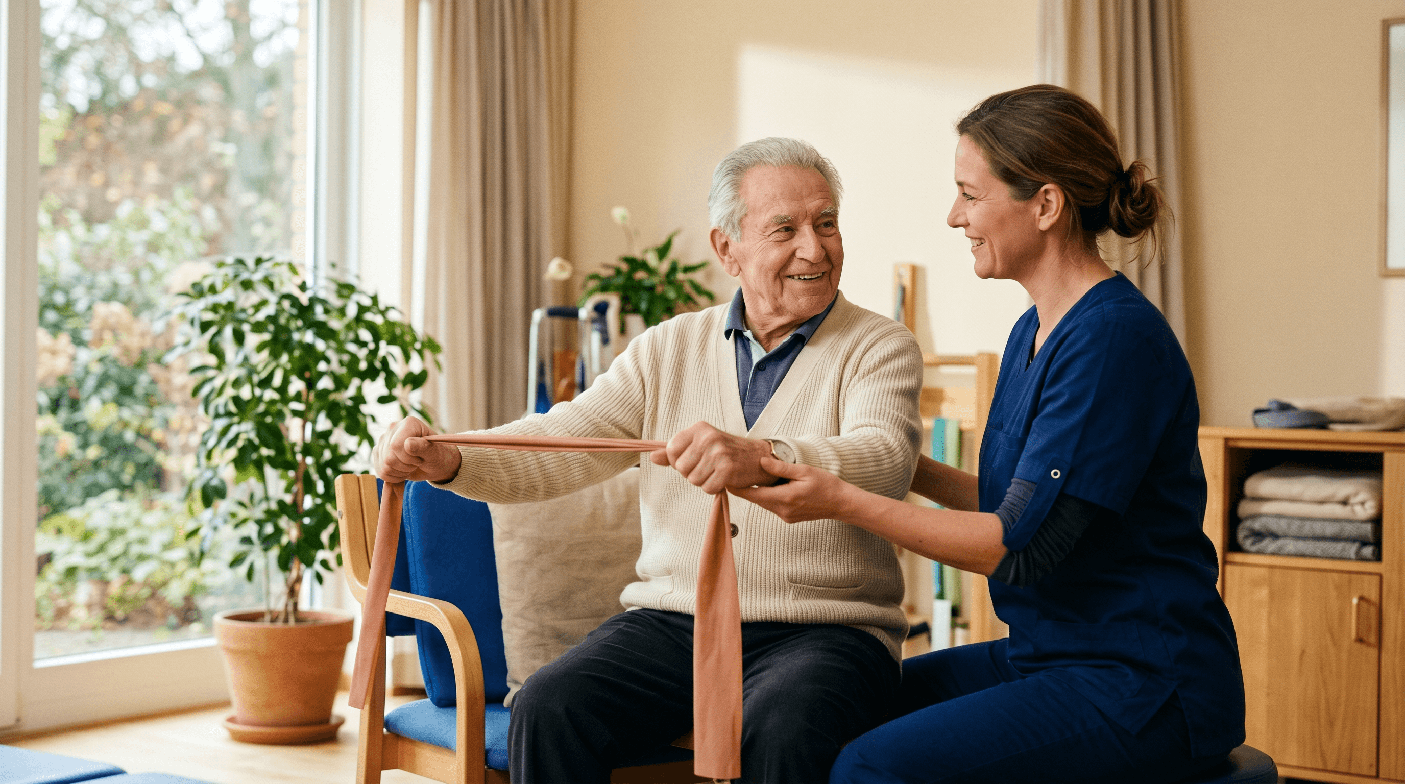 Ältere Frau übt mit einer Physiotherapeutin das Gehen in einer Reha-Klinik