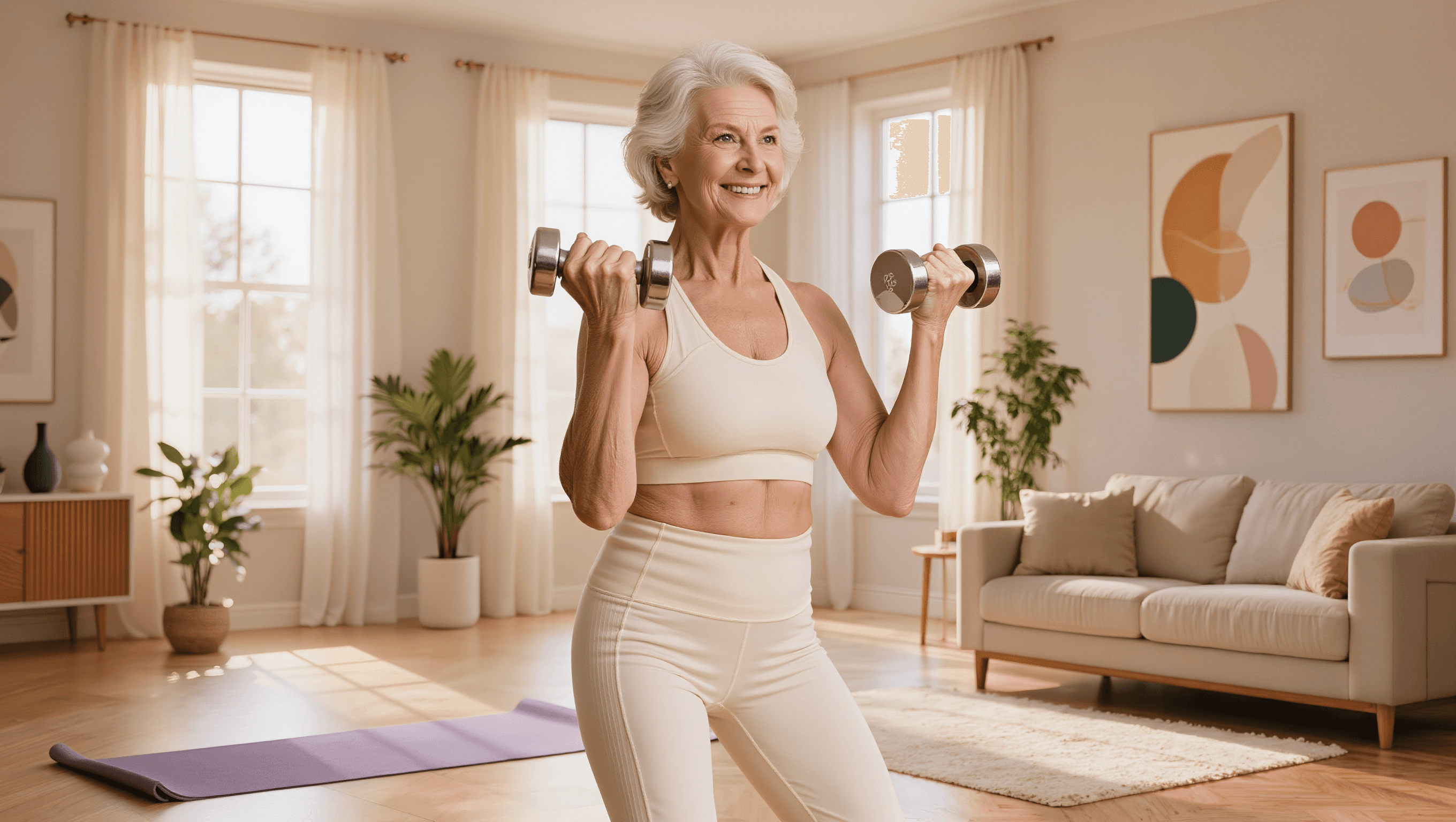 Vitale Seniorin mit Hanteln beim Krafttraining gegen Muskelschwund im Alter
