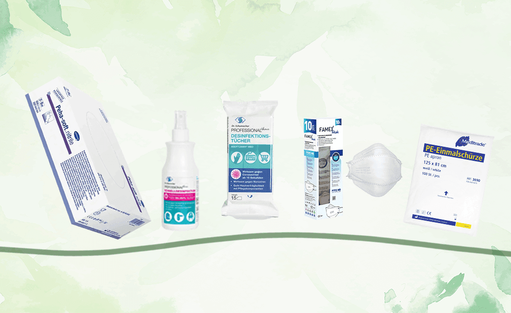 Pflegebox mit Handschuhen, Desinfektion und Bettschutzeinlagen