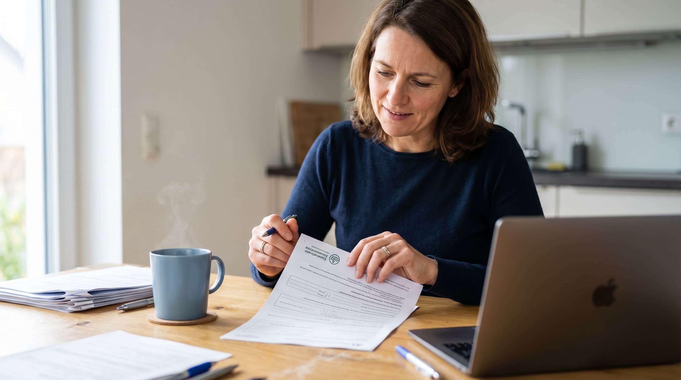 Verhinderungspflege Antrag — Angehörige füllt ein Antragsformular am Küchentisch aus