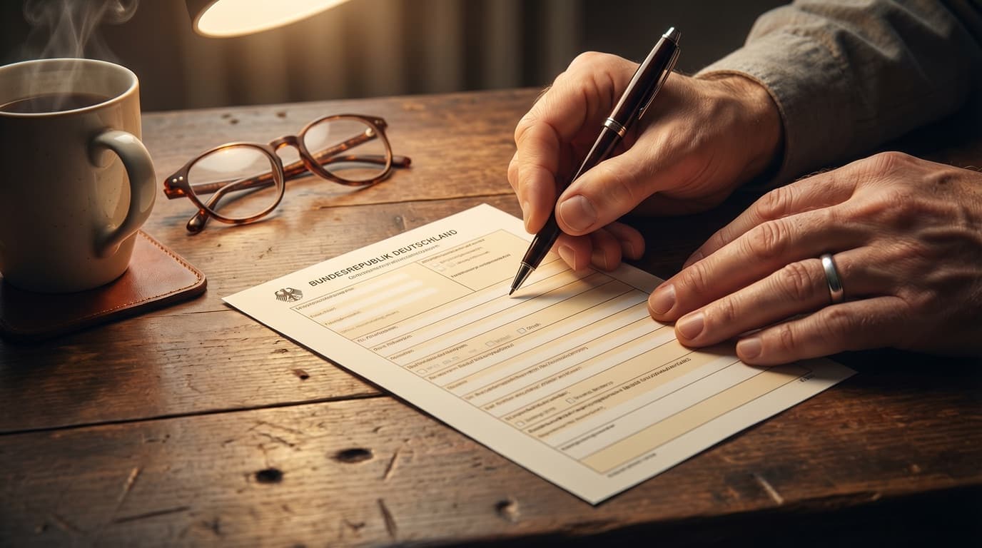 Verhinderungspflege beantragen – Hände füllen ein Antragsformular am Schreibtisch aus