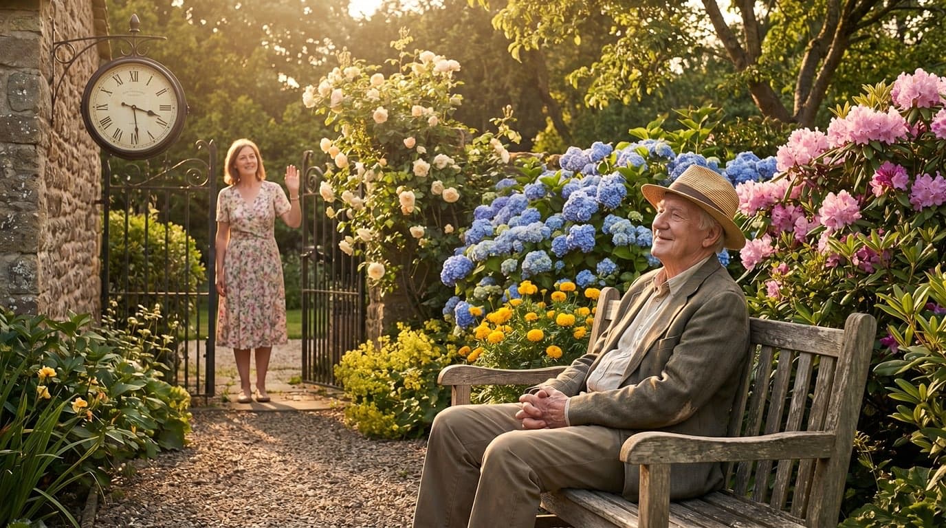 Stundenweise Verhinderungspflege – älterer Mann im sonnigen Garten, Angehörige nimmt kurze Auszeit