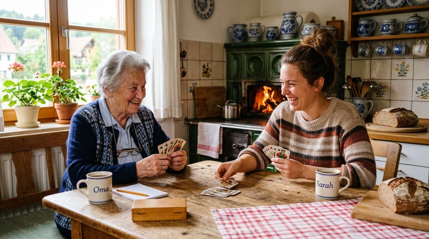 Seniorin und Betreuerin spielen Karten am Küchentisch — stundenweise Verhinderungspflege im Alltag
